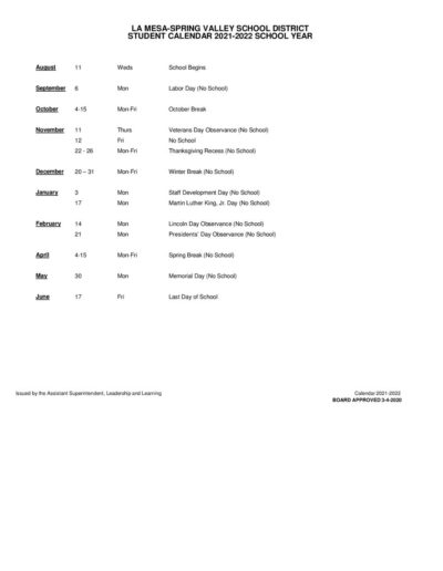 School Holiday Schedule