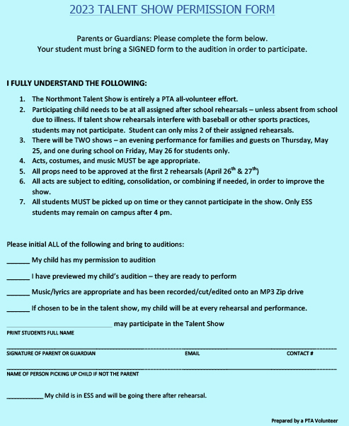Talent Show Permission Slip